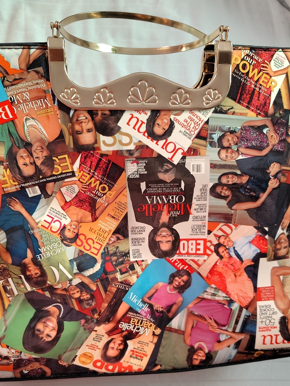 Michelle Obama Purse - Multicolor Magazine Collage Satchel Bag with Black Strap